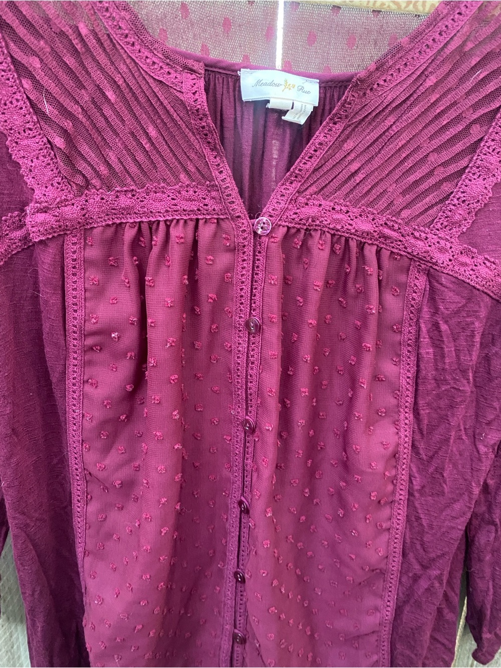 Anthropologie Meadow Rue Textured Lace Pintuck Peasant Blouse Size M Boho Romant - Picture 3 of 6